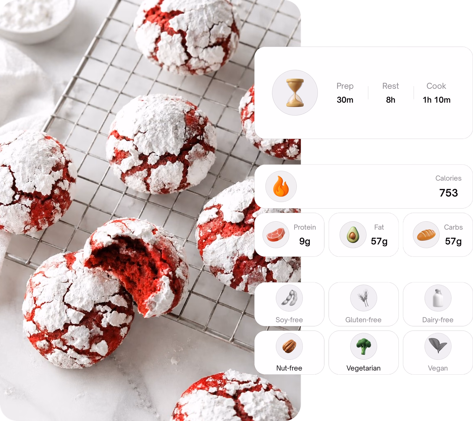 Red velvet crinkle cookies with timing, nutrition, and diet details